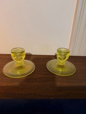Vaseline Glass candlestick holders set of 2